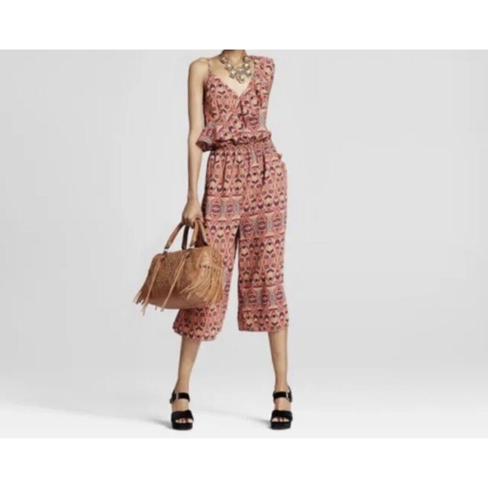 Xhilaration Rust Floral Abstract V Neck One Shoulder Ruffle Jumpsuit Size M